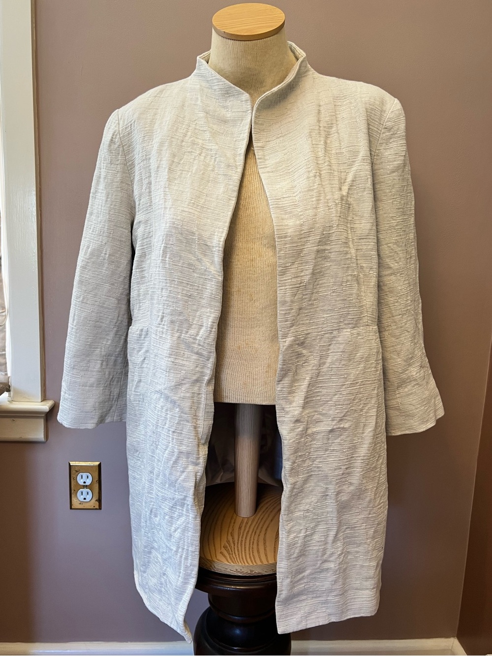 Eileen Fisher Beige Textured Cotton Mock Neck Overcoat Mod Vintage Look Size XL